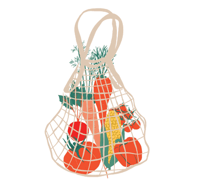 A mesh tote bag filled with local produce